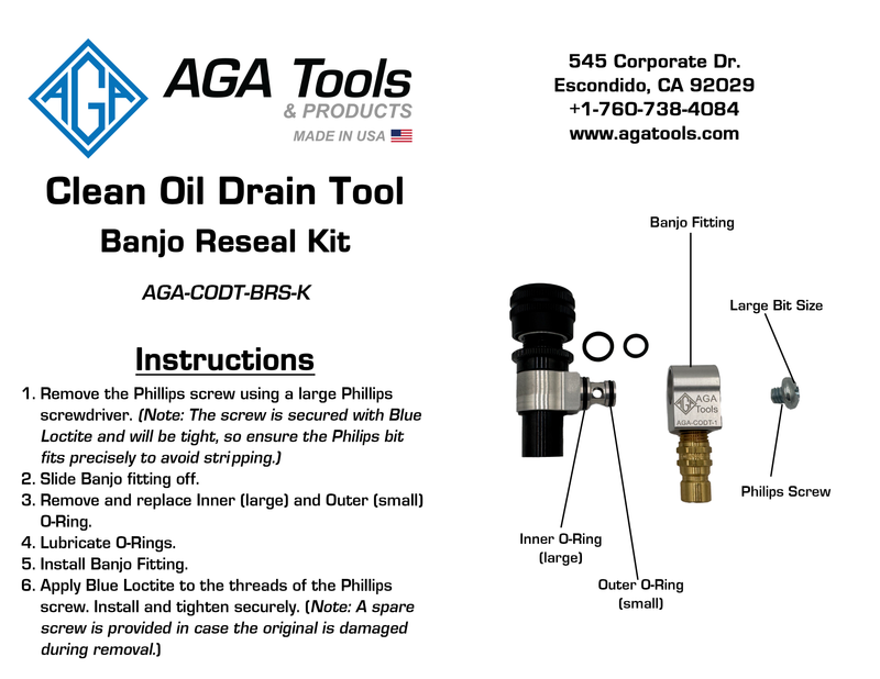 AGA Clean Oil Drain Tool Banjo Reseal Kit