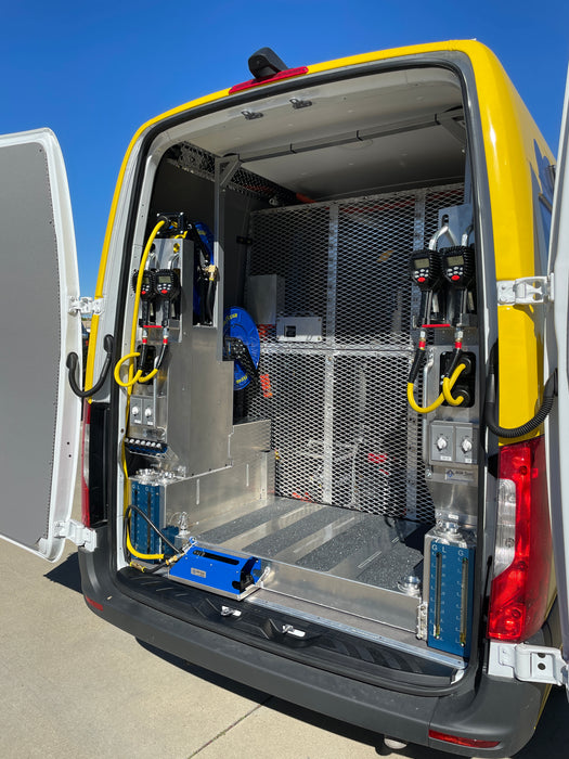 The Full-Size Mobile Van Oil System also features four electronic oil dispensing handles that offer manual and preset settings for ease of use, and there are four 50' new oil hose reels and a 50' hose reel specifically designed for the remote pump. Additionally, a 50' air hose reel is included in the system.