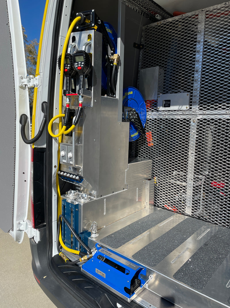 The Full-Size Mobile Van Oil System also features four electronic oil dispensing handles that offer manual and preset settings for ease of use, and there are four 50' new oil hose reels and a 50' hose reel specifically designed for the remote pump. Additionally, a 50' air hose reel is included in the system.